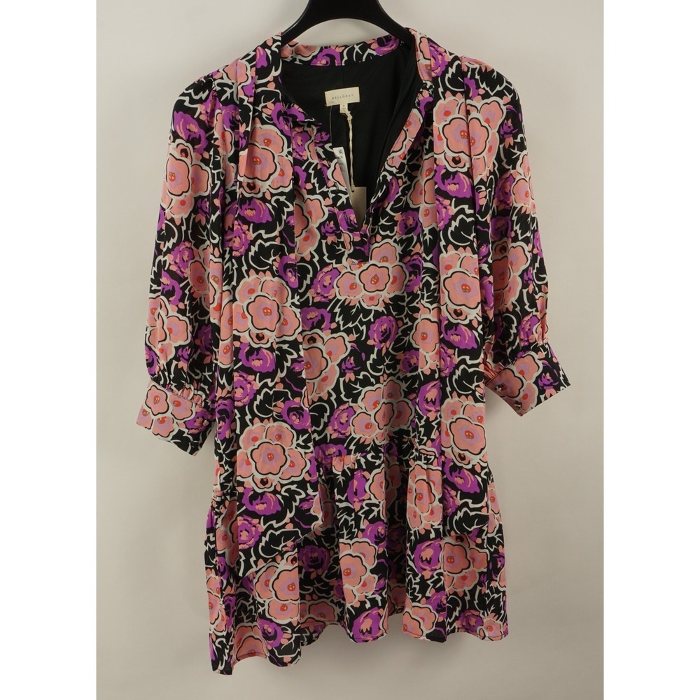 New Melloday Tie Neck Puff Sleeve Mini Dress Size Small Black Pink Pastel Floral